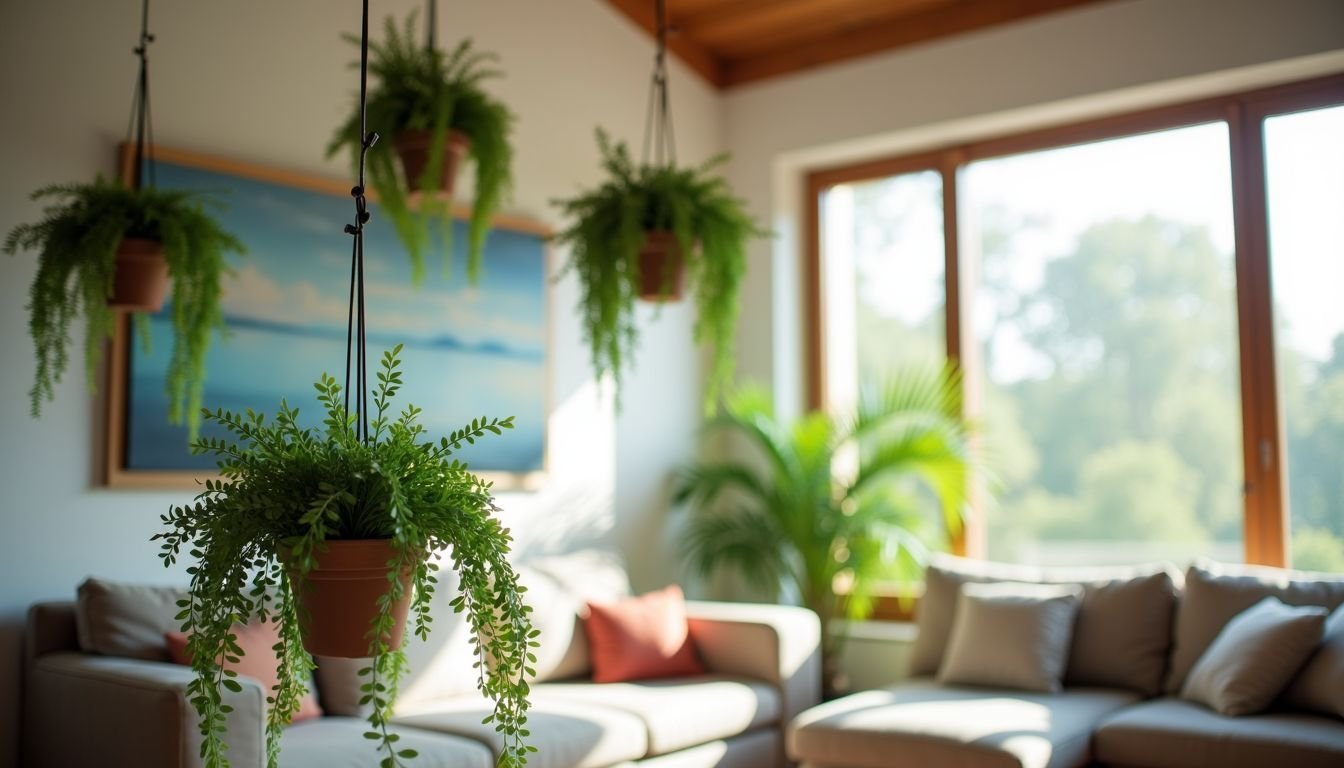 A modern living room with artificial hanging plants creating a vibrant atmosphere.