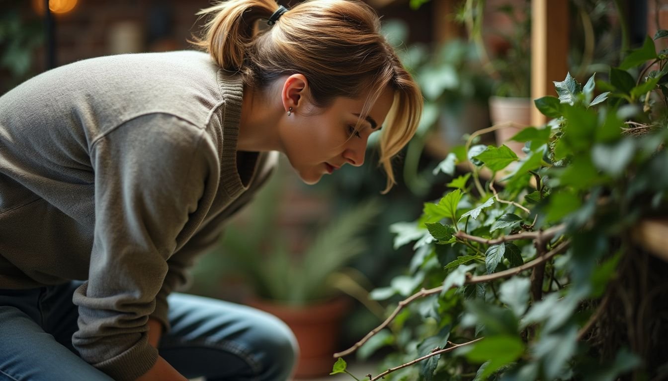 A woman is examining fake vines in a home decor store.