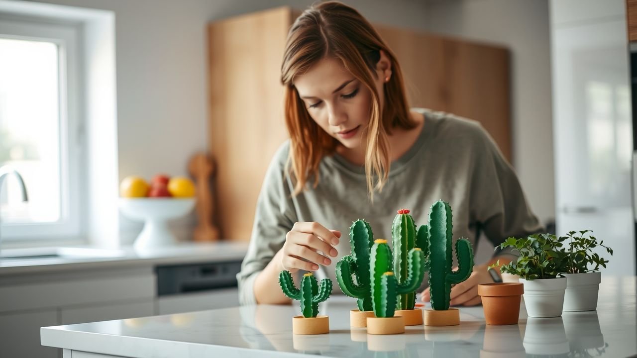 A woman adjusts plastic cacti on a modern kitchen island.