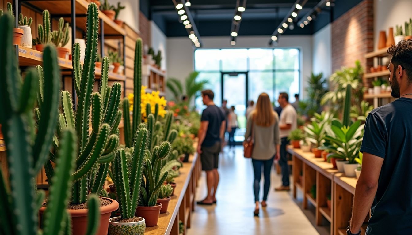 A variety of artificial cacti in different sizes and brands at a home decor store in Australia.