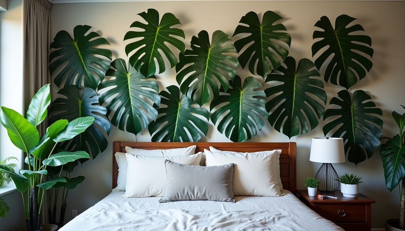 A bedroom wall adorned with large, realistic artificial plants creates a tropical atmosphere.