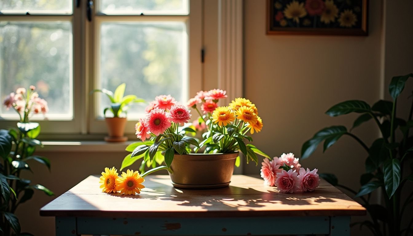 A vintage wooden table adorned with vibrant artificial flowers.