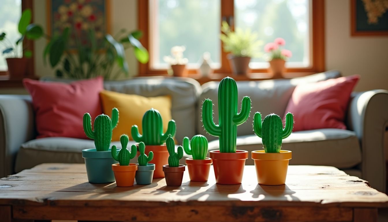 A collection of plastic cacti arranged on a wooden coffee table.