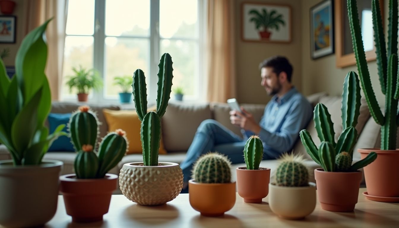 A cozy living room filled with artificial cacti in stylish containers.