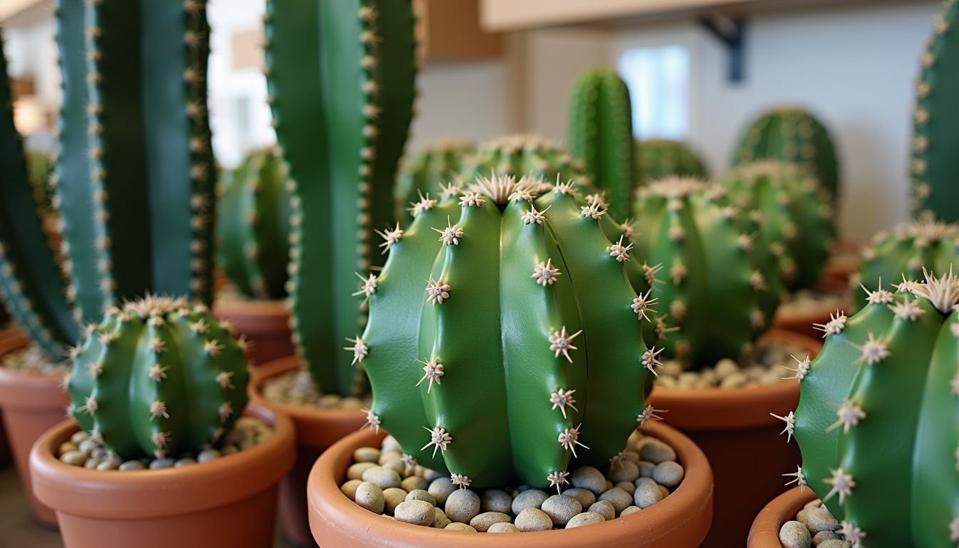 A display of artificial cacti in a home decor store.