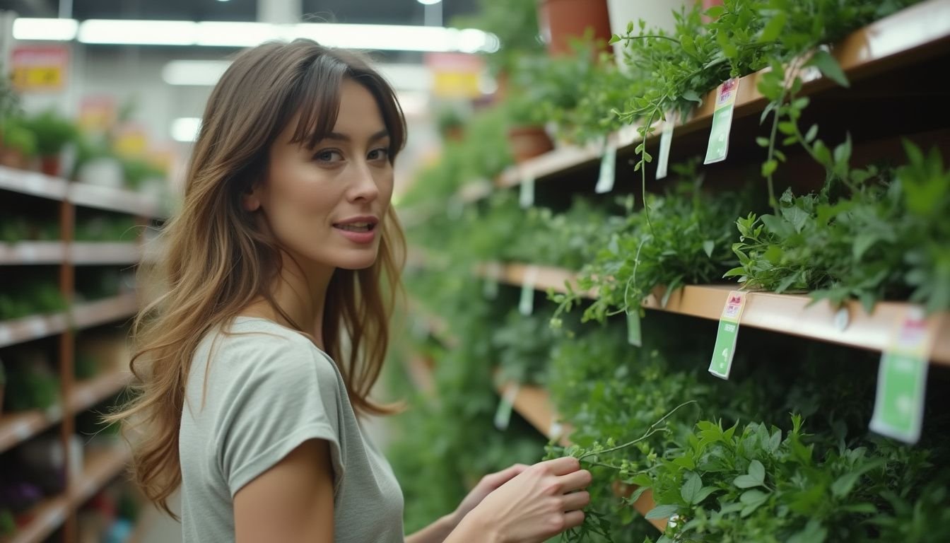 A woman in a home decor store in Australia looks at artificial hanging vines.