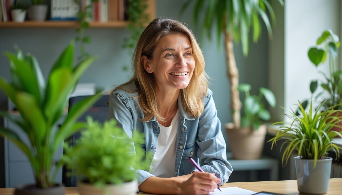 A woman in her mid-30s sitting at her desk with faux plants.