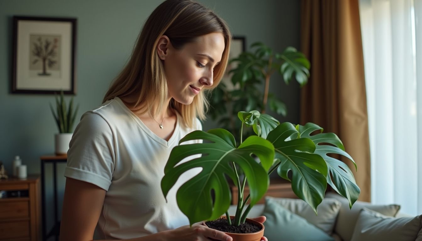 A woman arranges her living room with a potted Monstera plant.