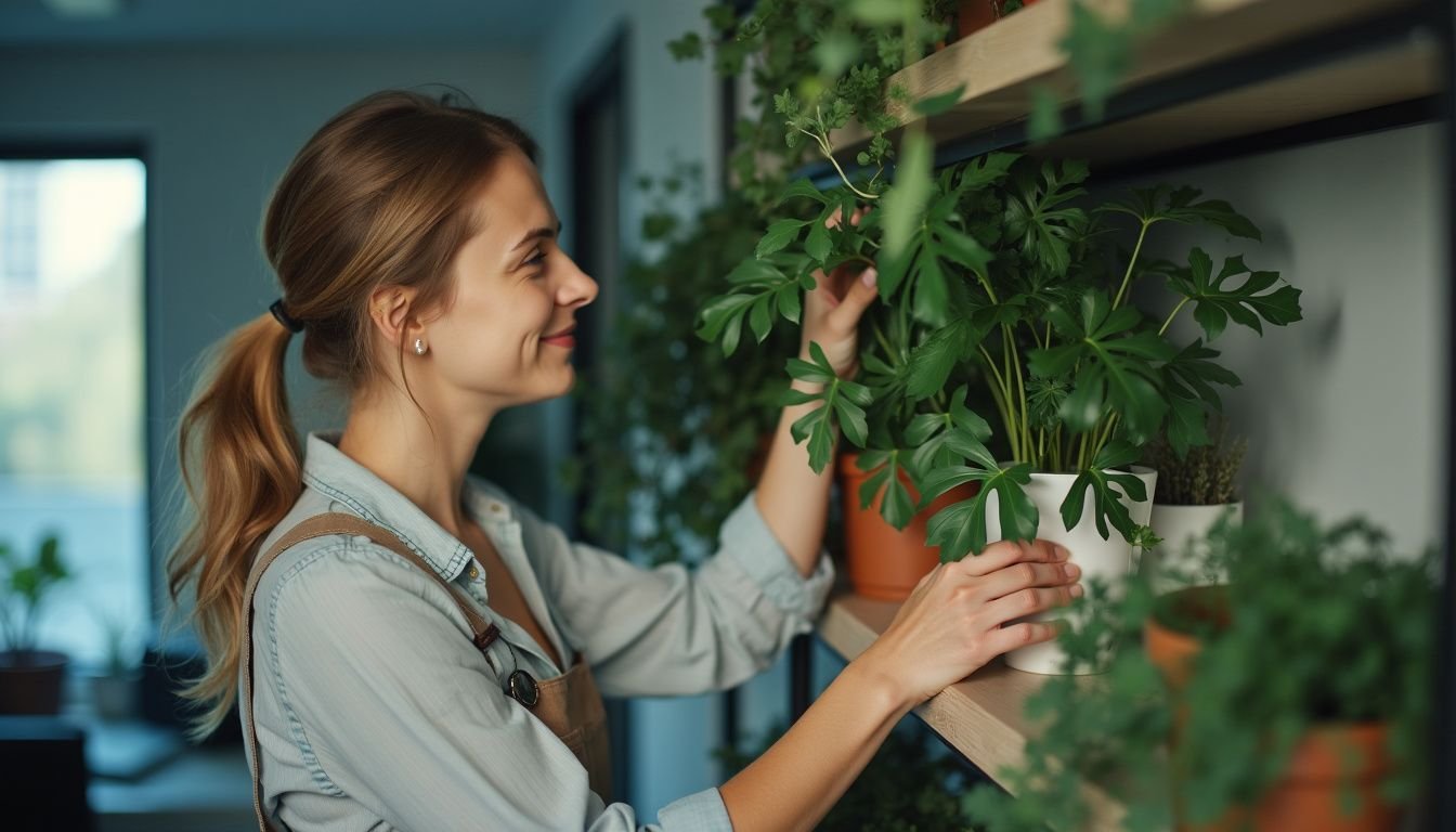 A woman decorates an office with a simple artificial plant.