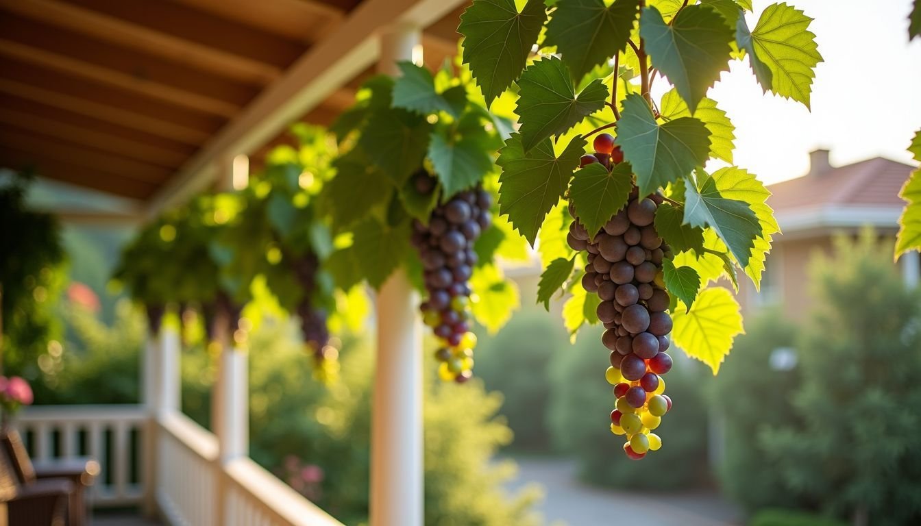 An image of artificial grape vines hanging on a veranda in Australia.