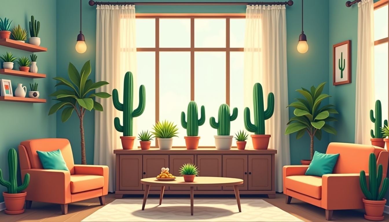 A cozy living room filled with various faux cactus plants.