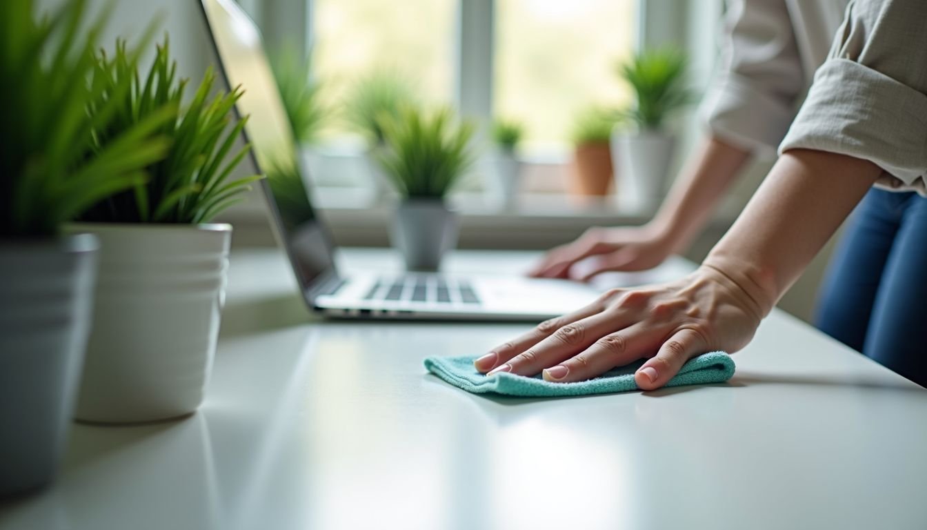 A person cleaning an office desk with artificial plants.