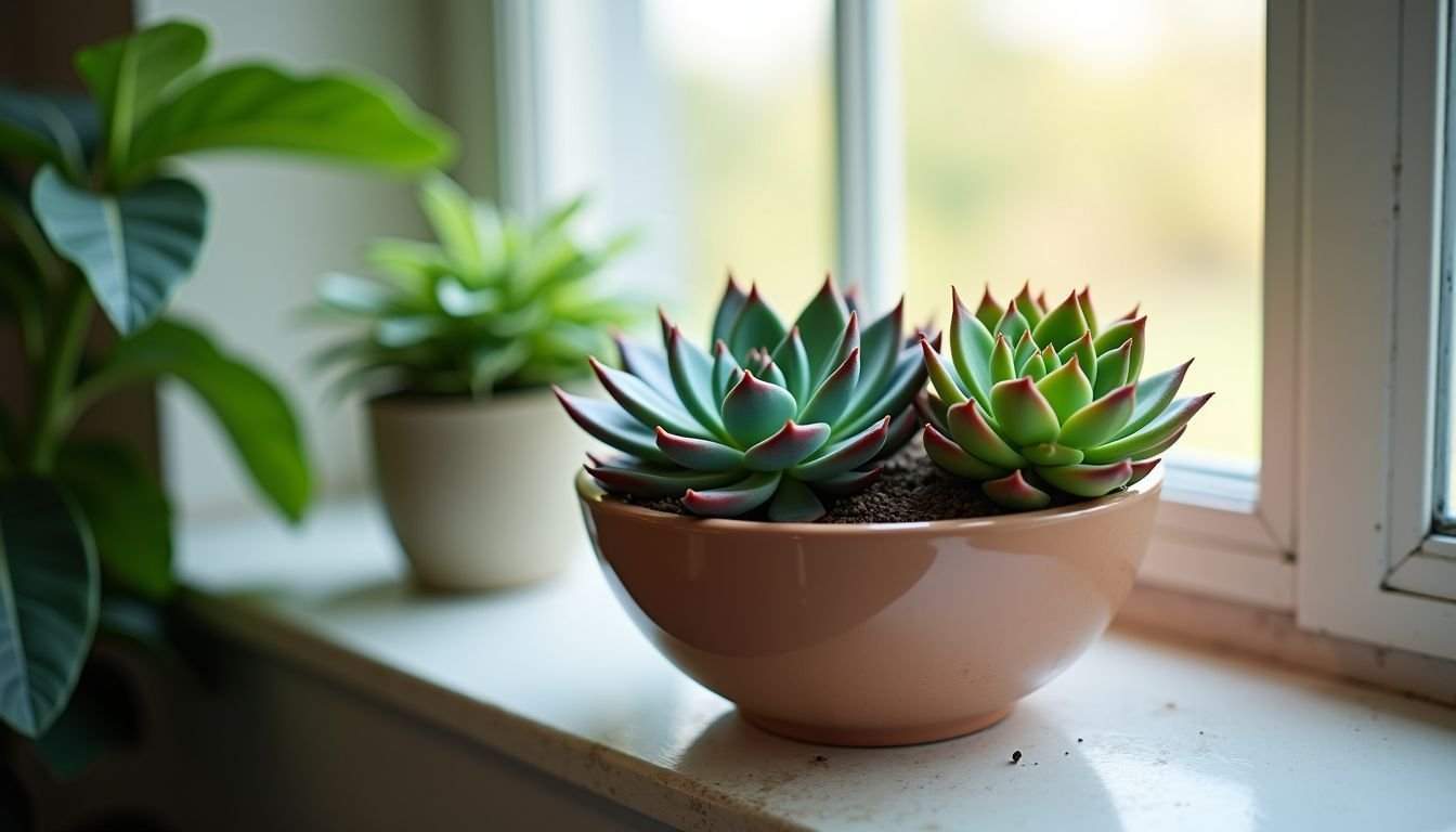 A bowl of artificial succulents on a dusty windowsill in sunlight.