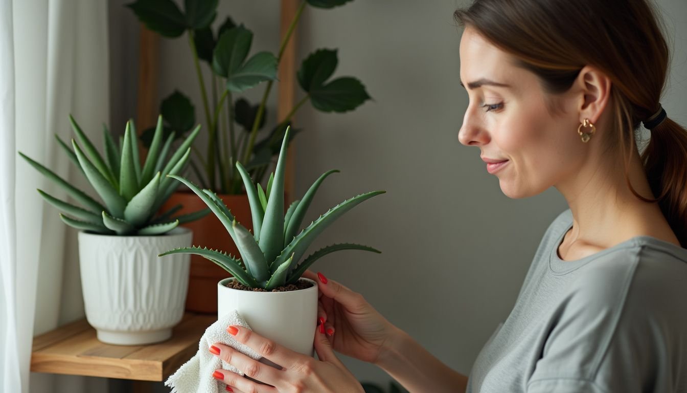 A woman dusts a faux succulent plant on a wooden shelf.