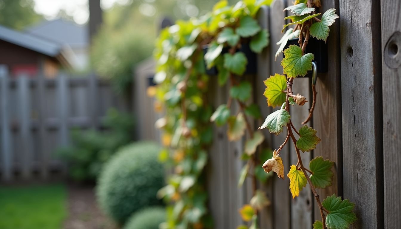 A close-up photo of fake vines hanging from a wooden fence.