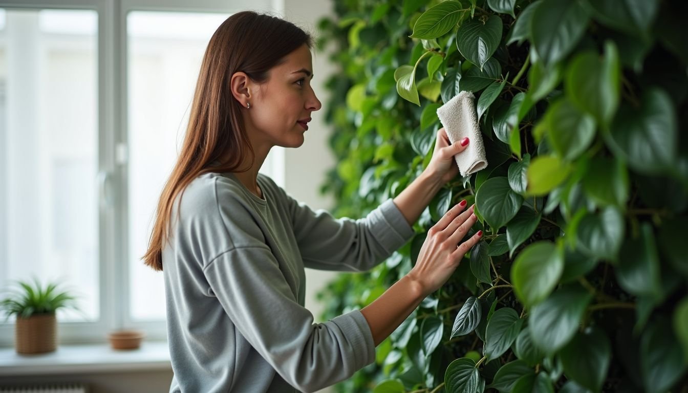 A woman in her 30s dusting a fake plant wall in a casual living room setting.