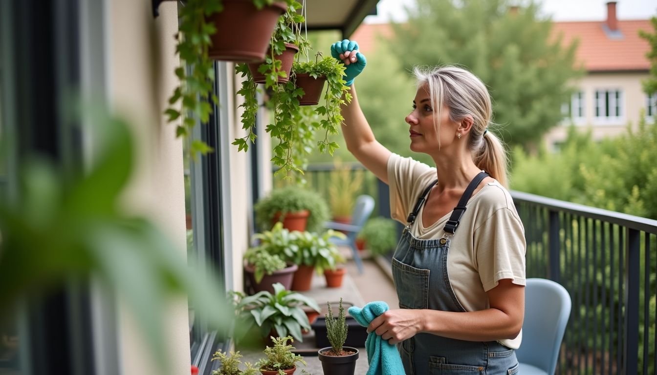 A woman in her 40s casually caring for her balcony plants.