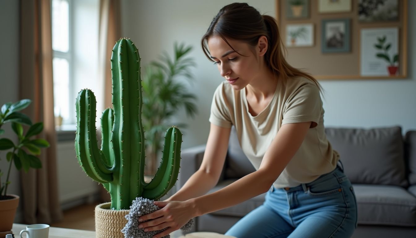 A woman in her 30s casually dusting a plastic cactus in a living room.