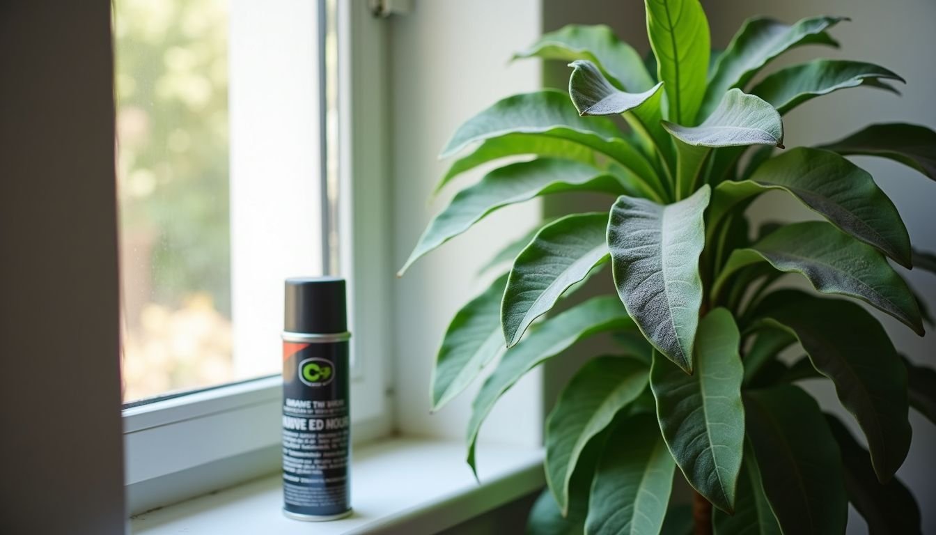 A dusty faux plant next to a window with a can of compressed air nearby.