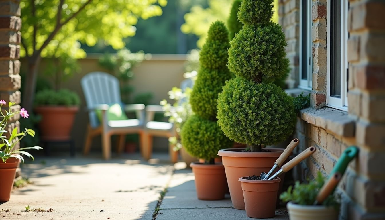 A faux topiary plant on a sunny outdoor patio surrounded by gardening tools.