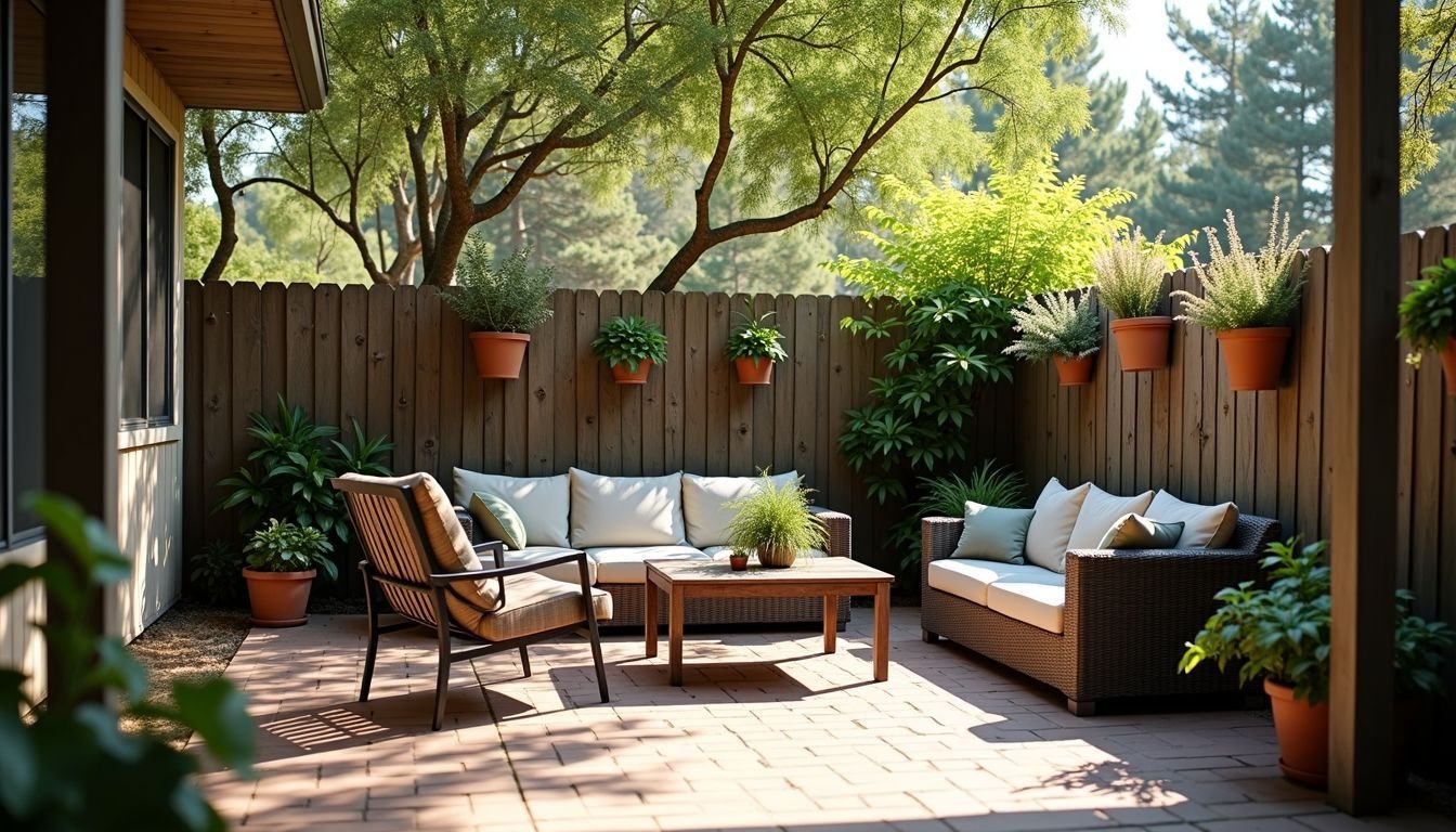 A backyard patio with fake plant screens, worn furniture, and dappled sunlight.