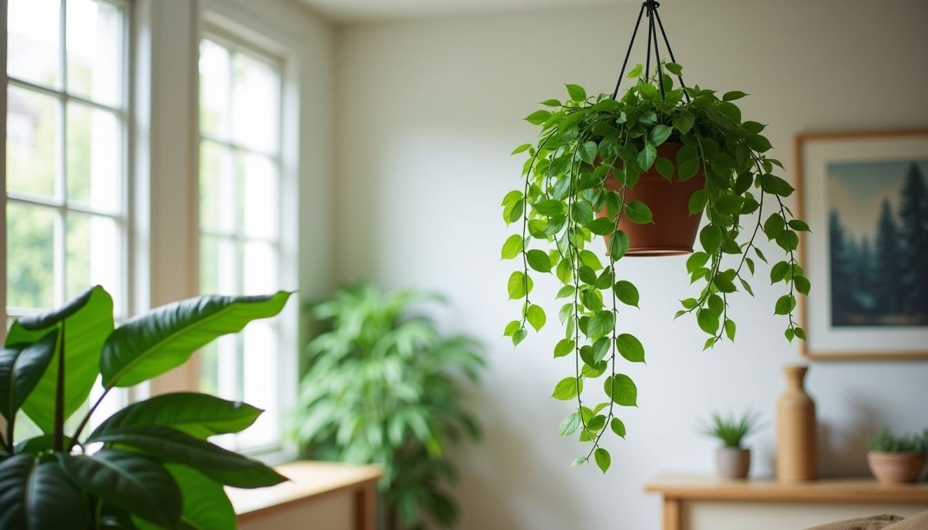 A realistic faux vine hanging in a bright living room.