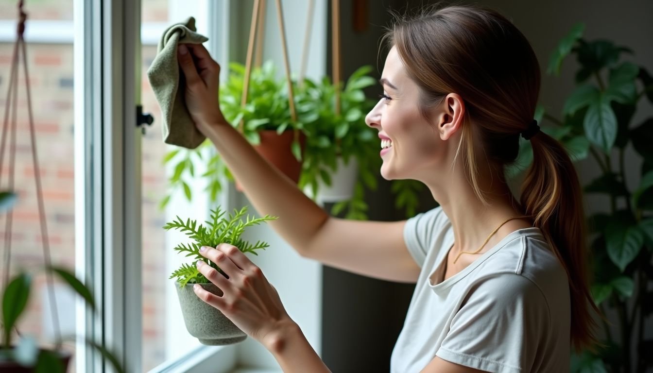 A woman in her 30s cleaning artificial hanging plants at home.