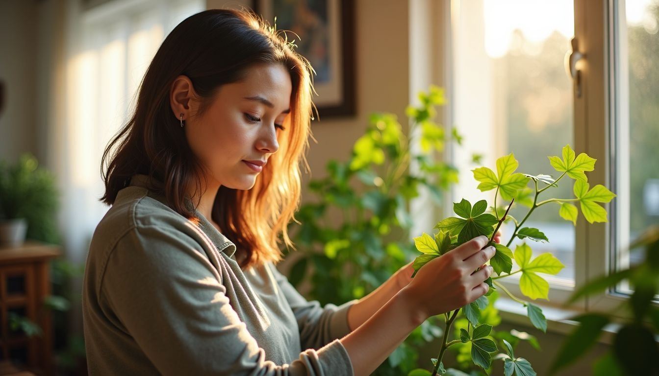 A person in their 30s cleaning artificial vines in a cozy living room.