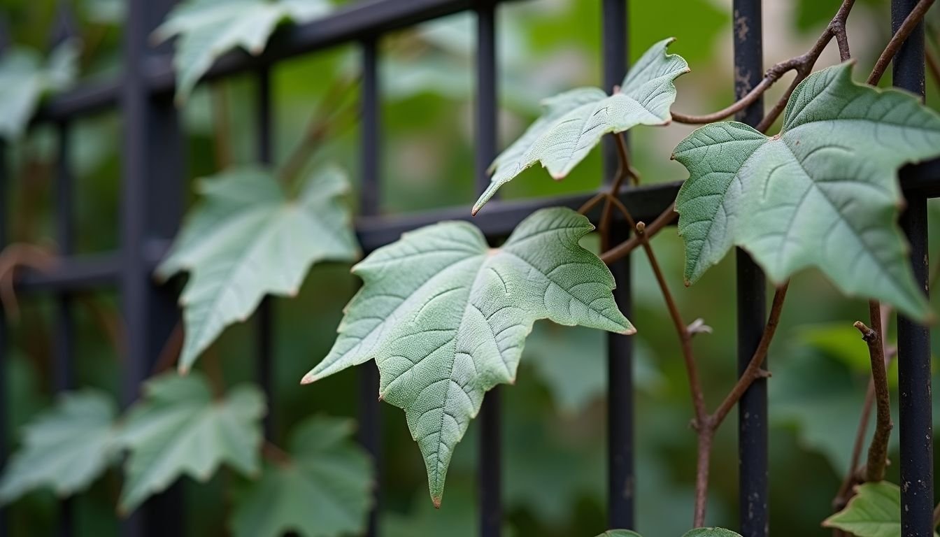 A neglected garden with dusty artificial vine and overgrown weeds.