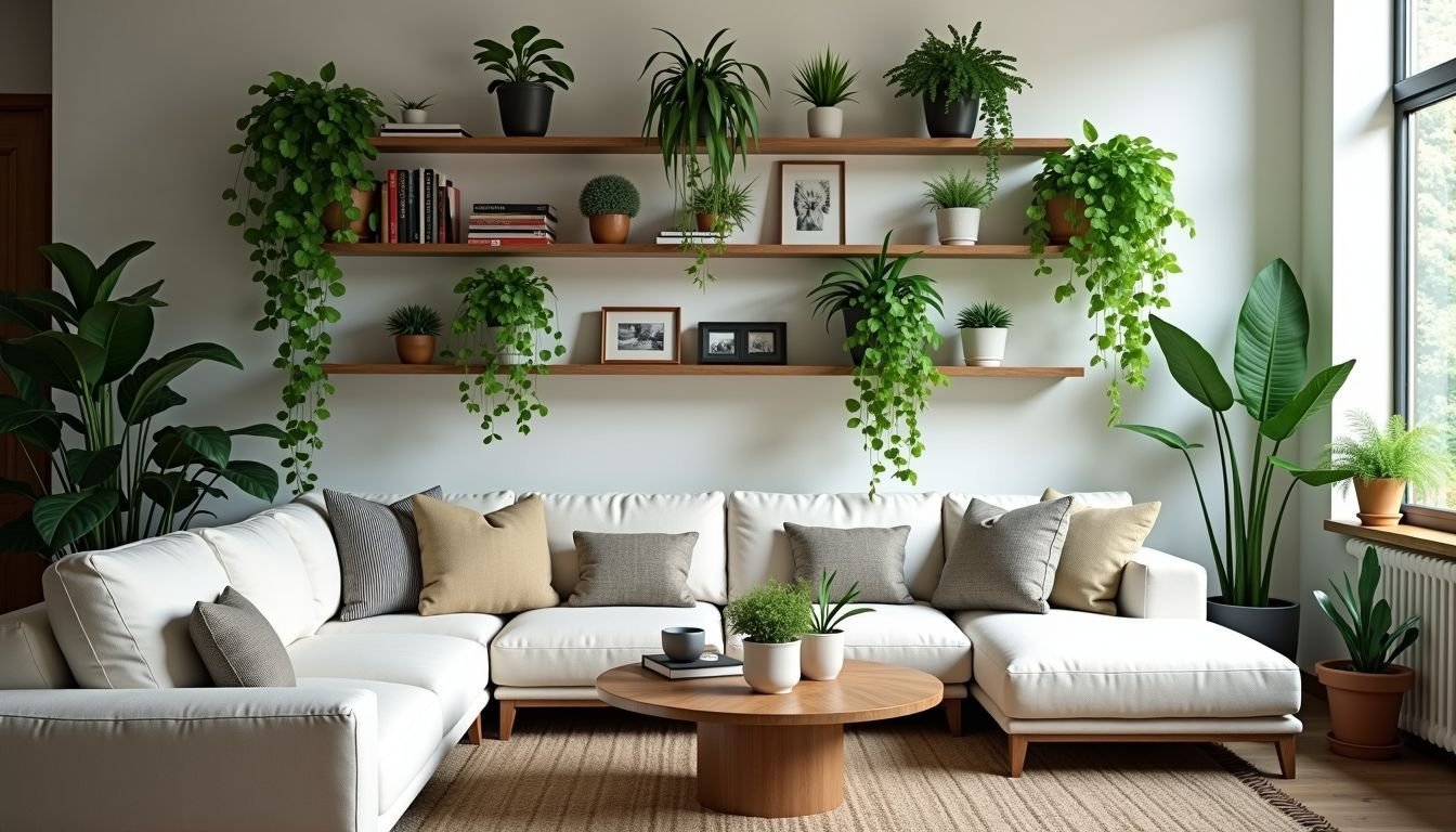 A modern living room with faux plants for a natural touch.