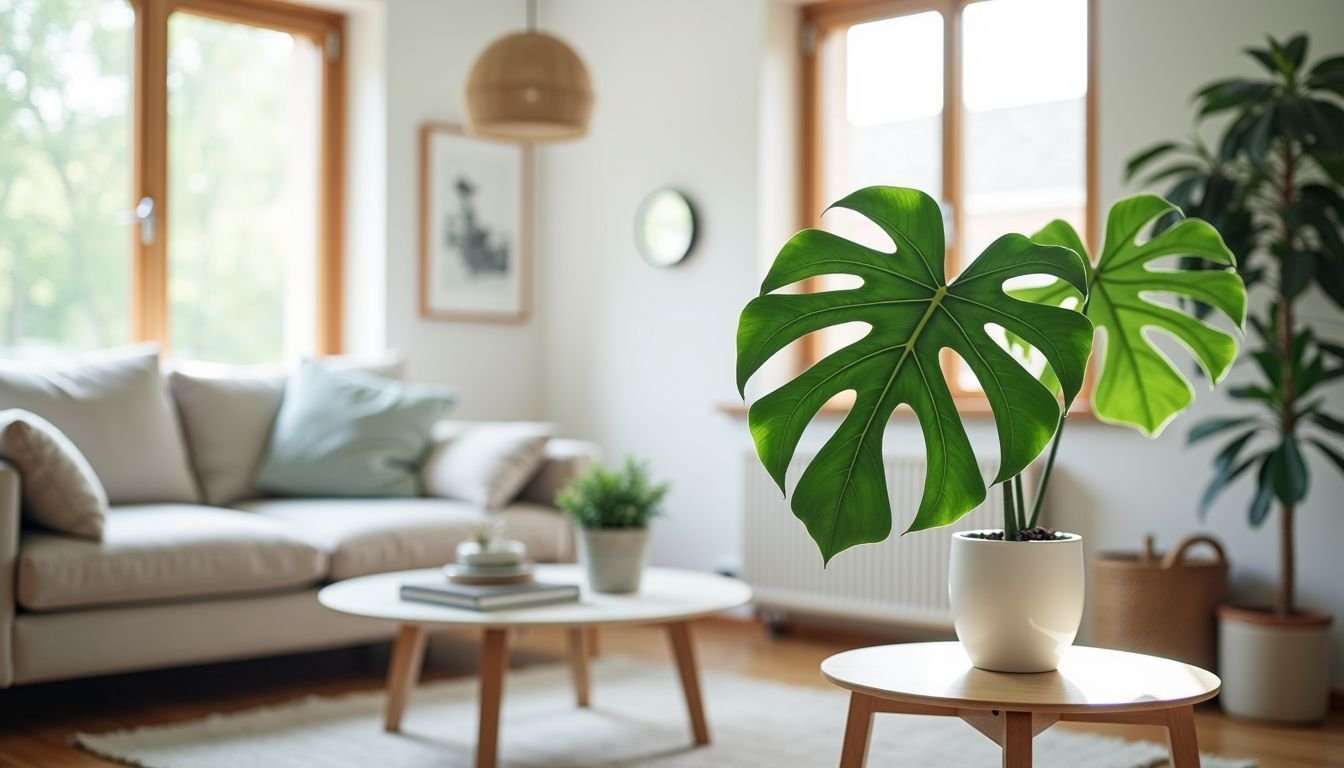 A modern living room with minimalist decor and a fiddle leaf fig plant.