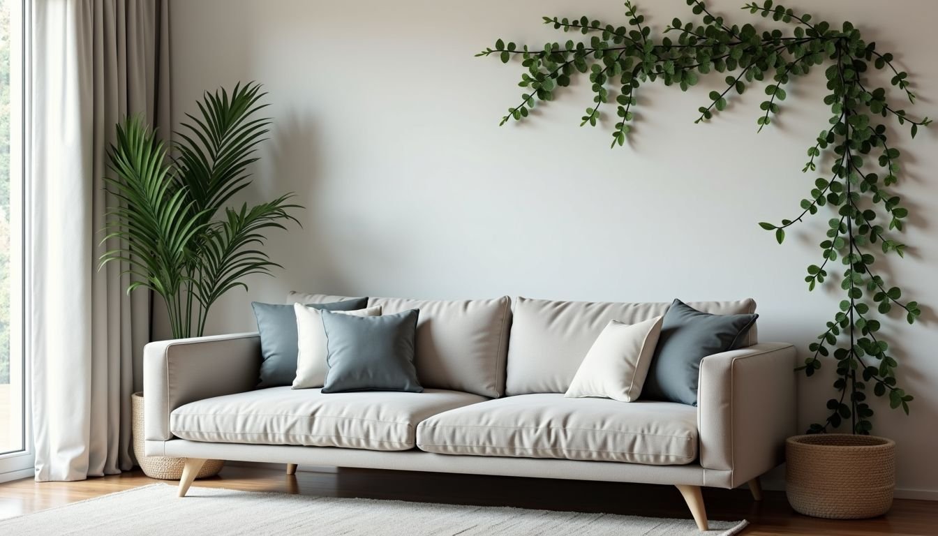 A modern living room with minimalist decor and a touch of greenery.