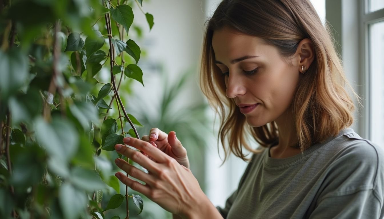 A woman in casual clothing inspects a realistic silk fake vine.