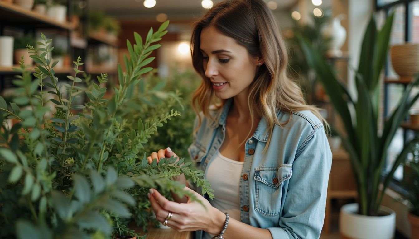 A woman in her 30s inspects faux plants in a Sydney store.