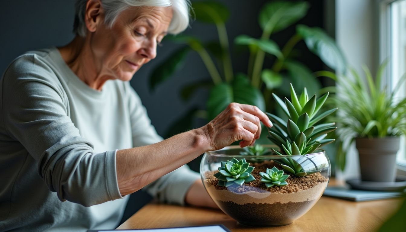 An older woman arranging artificial succulent plants on a modern desk.