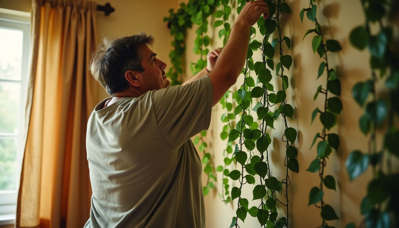 A person decorates bedroom wall with artificial ivy vines for coziness.