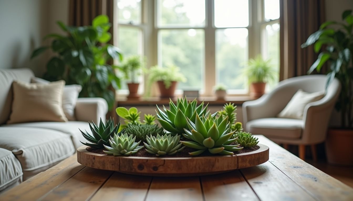 A living room with a rustic coffee table adorned with artificial succulent plants.