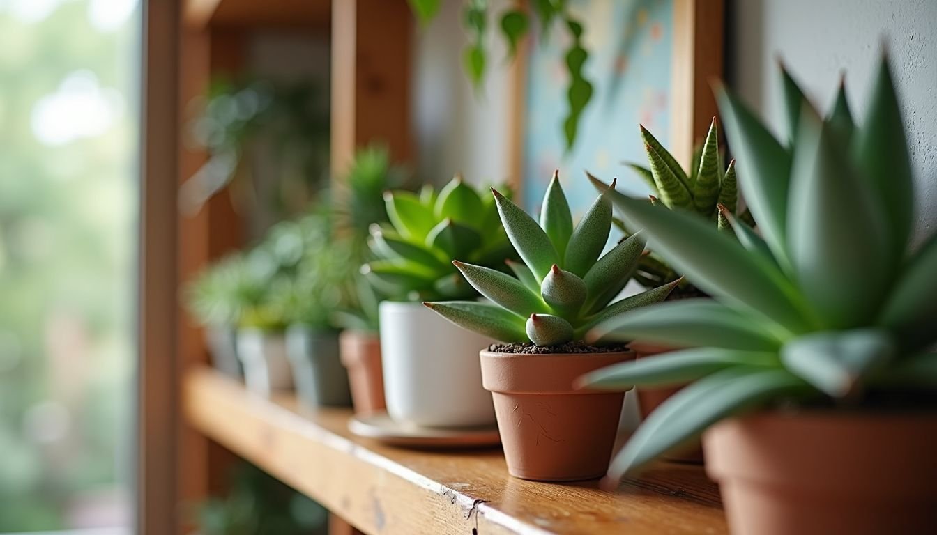 An Australian home with realistic artificial succulents on a shelf.