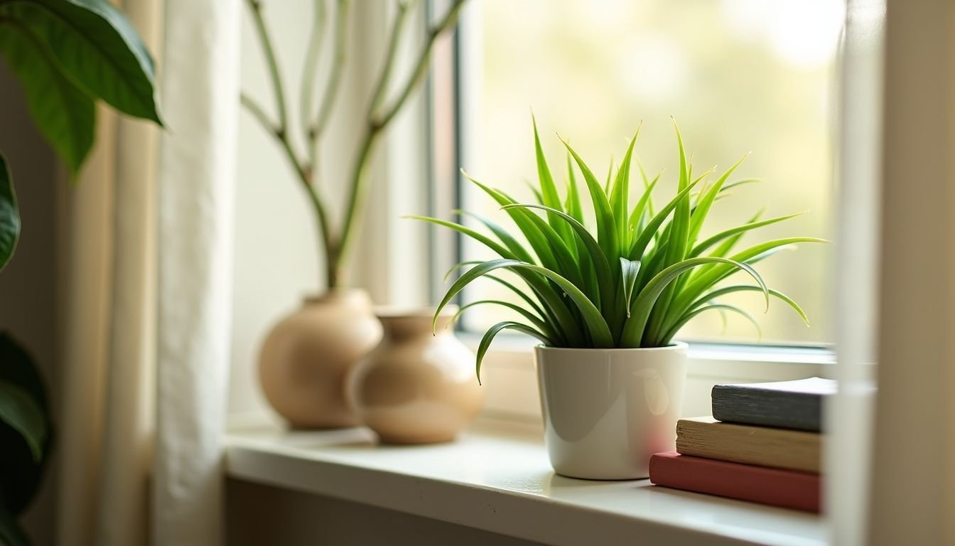 A small artificial plant from Big W sits on a sunny windowsill.