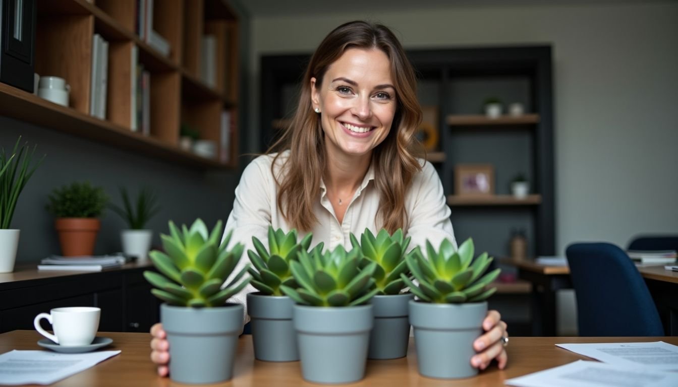 A woman in her 30s arranges artificial succulent plants in an office.