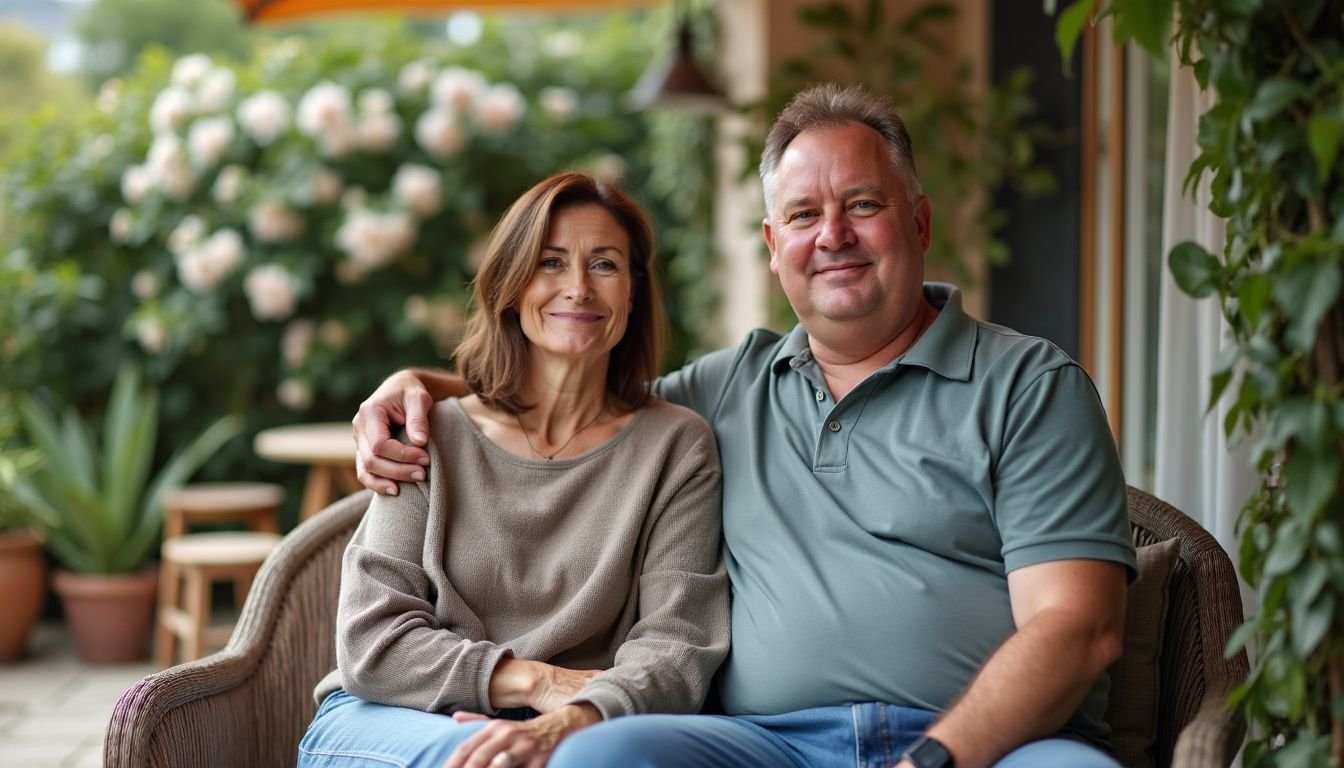 A couple in their 40s sitting on a cozy outdoor patio.