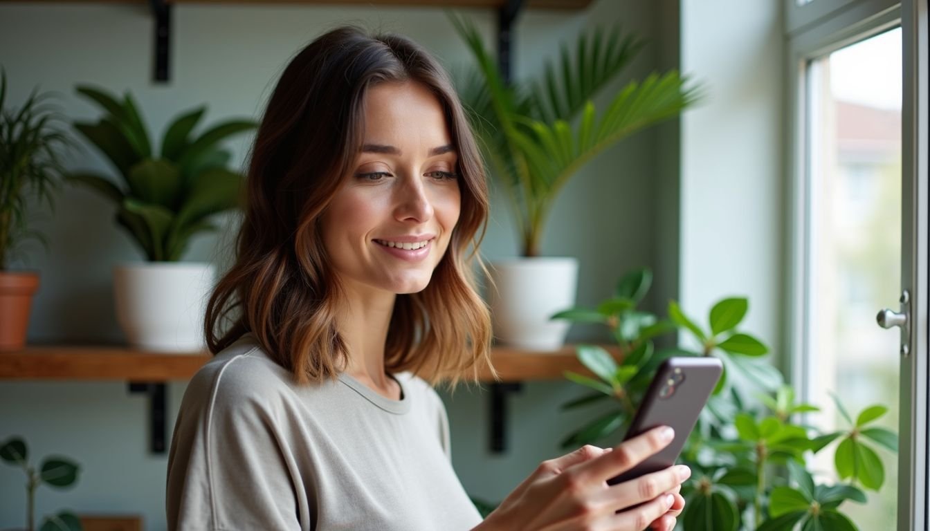 A woman in her 30s casually looks at faux plants in an urban apartment.