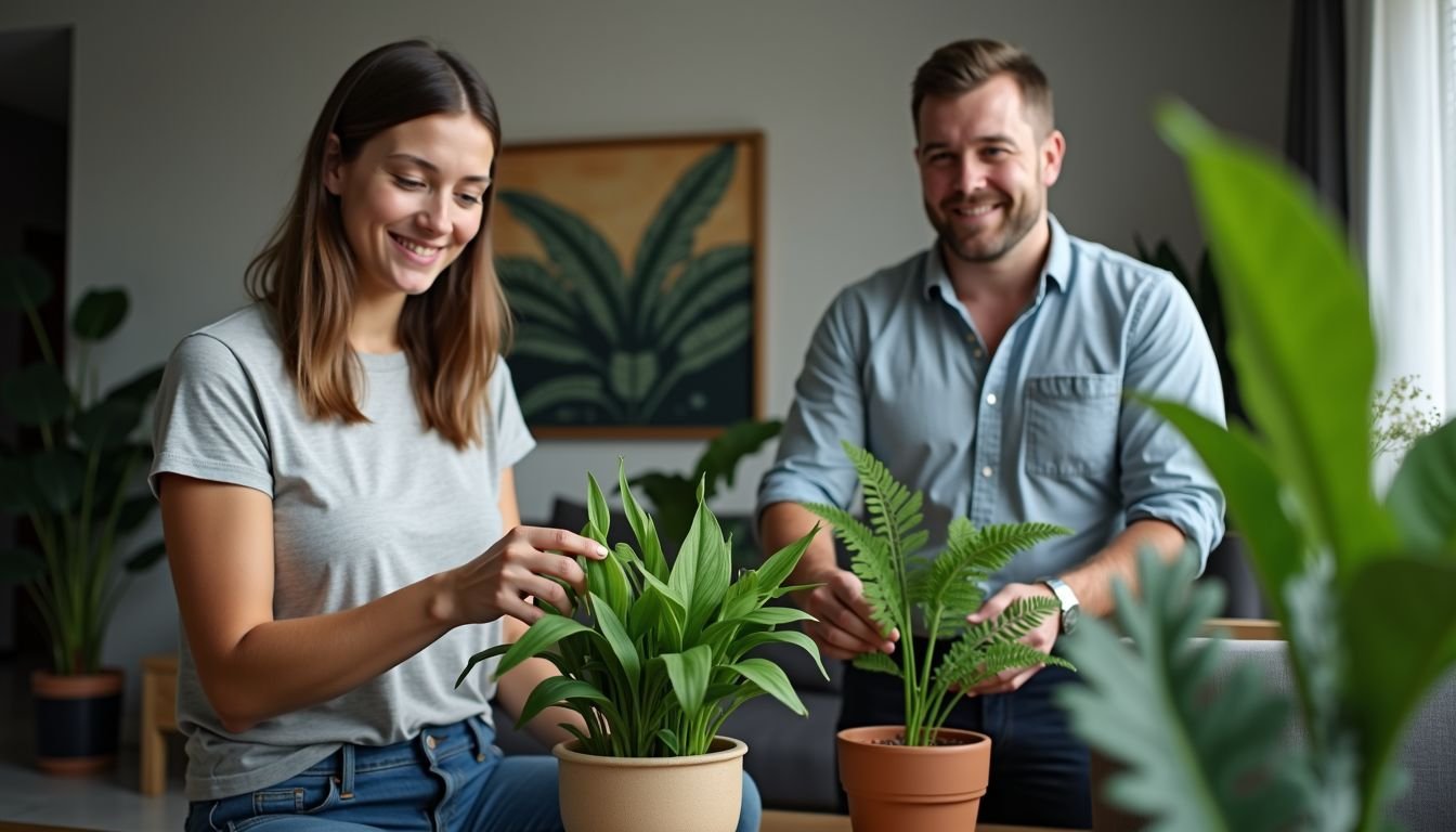 The couple in their 30s decorate their modern living room with faux plants.