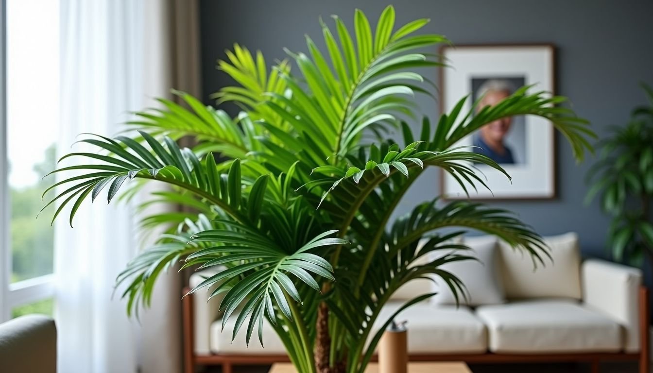 A close-up of a 60cm Fopamtri Artificial Areca Palm Plant in a modern living room setting.