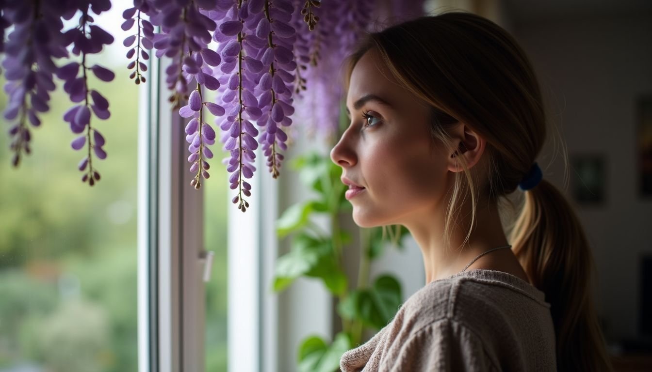 A woman admires artificial wisteria flowers in her cozy living room.