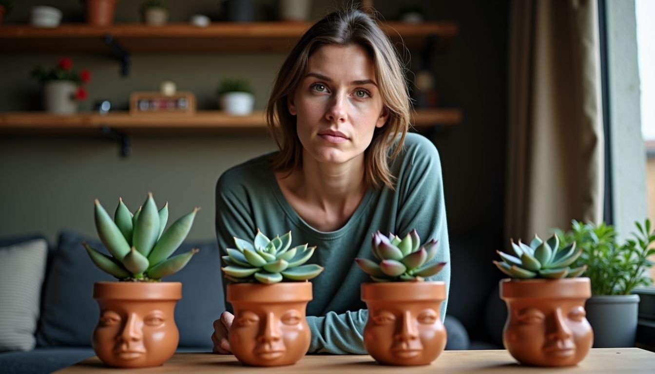 A woman in casual clothing looking at VENY TAYA succulent pots.