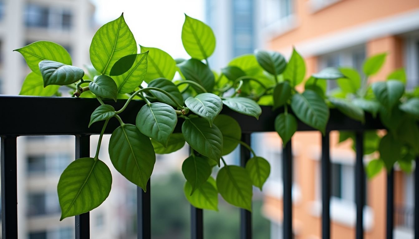 A 48 cm artificial Pothos vine hanging from a balcony railing.