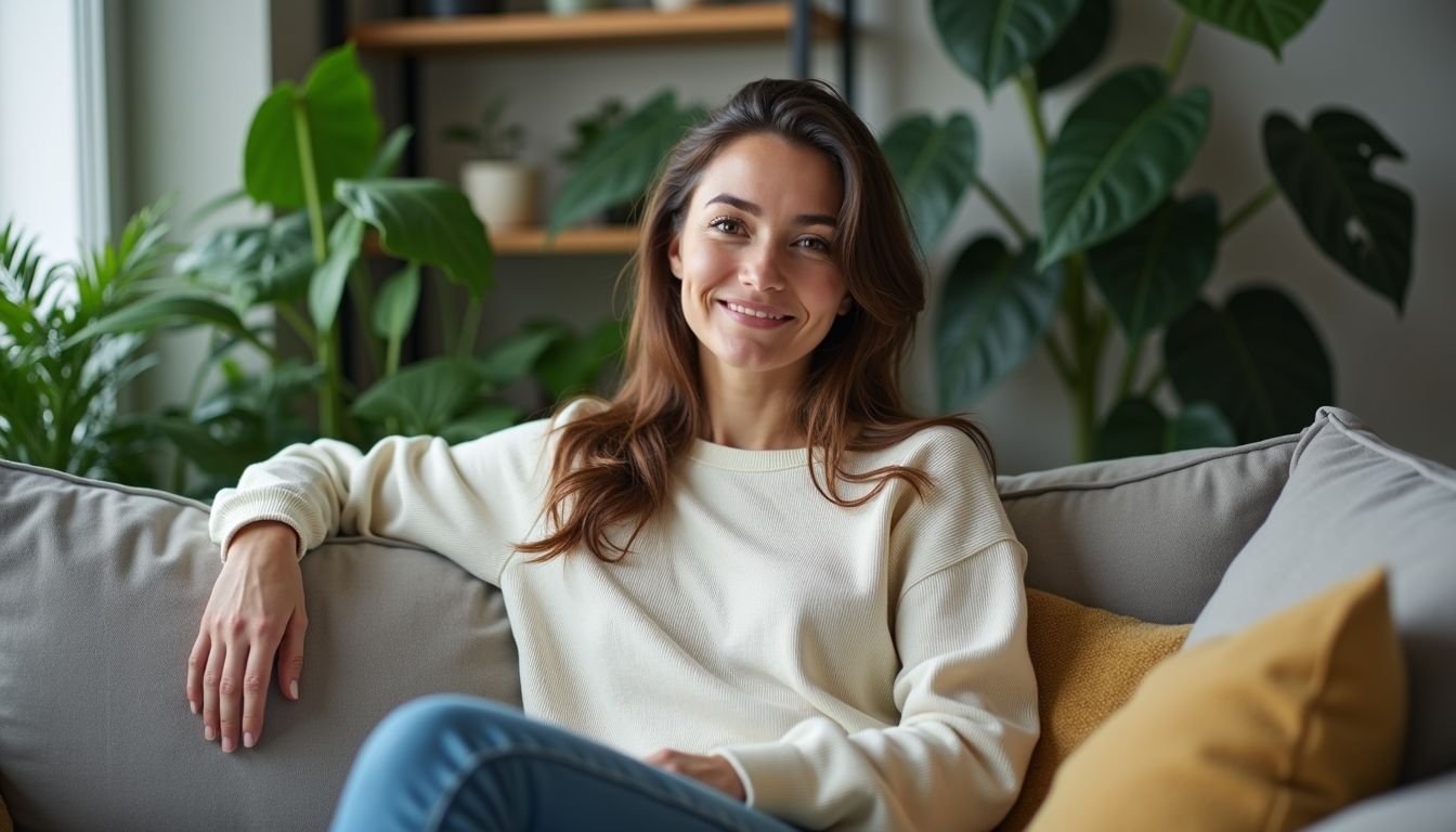 A woman in her 30s sits on a modern couch in a relaxed living room.