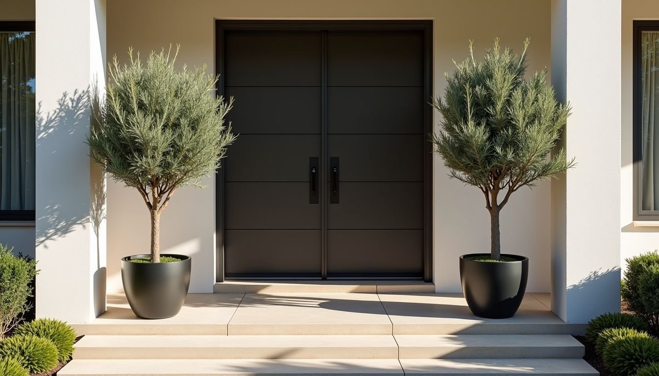 A modern Australian home with faux olive trees in pots by the door.