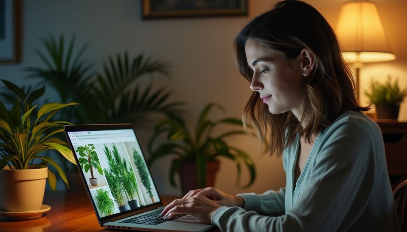 A woman browsing fake vines on her laptop in a cozy room.